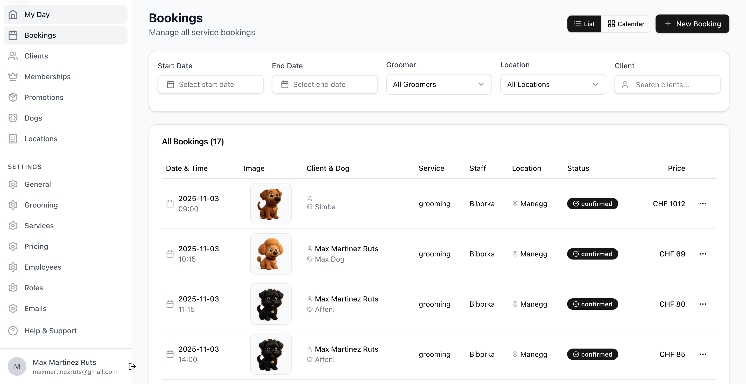 Bookings management interface